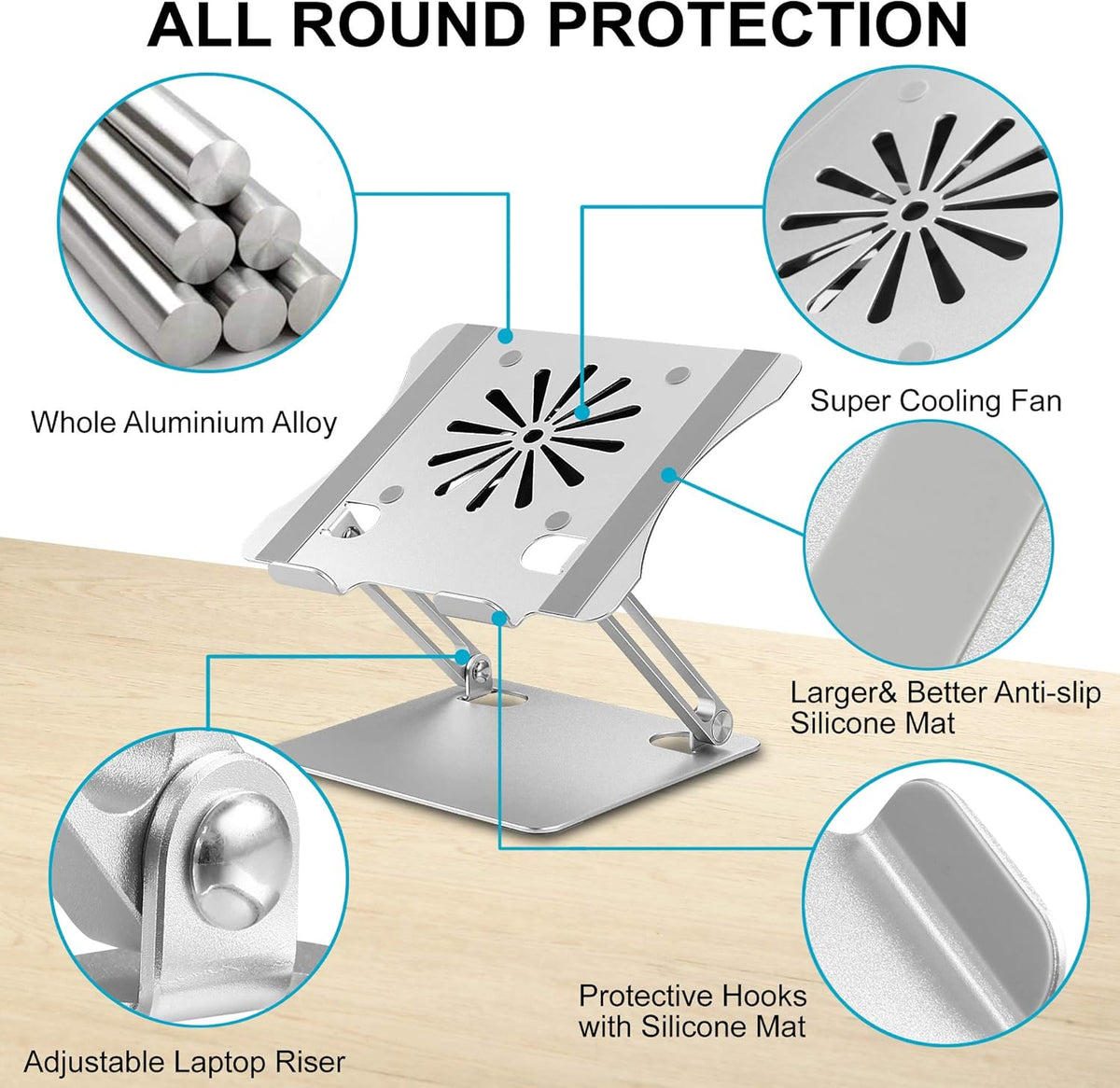 Adjustable Laptop Stand with Cooling Fan, Aluminium Alloy Multi-Angle Computer Holder for Desk, Portable Notebook Metal Mount Compatible with MacBook, Air, Pro, Dell, Alienware All Laptops 11"-17.3"