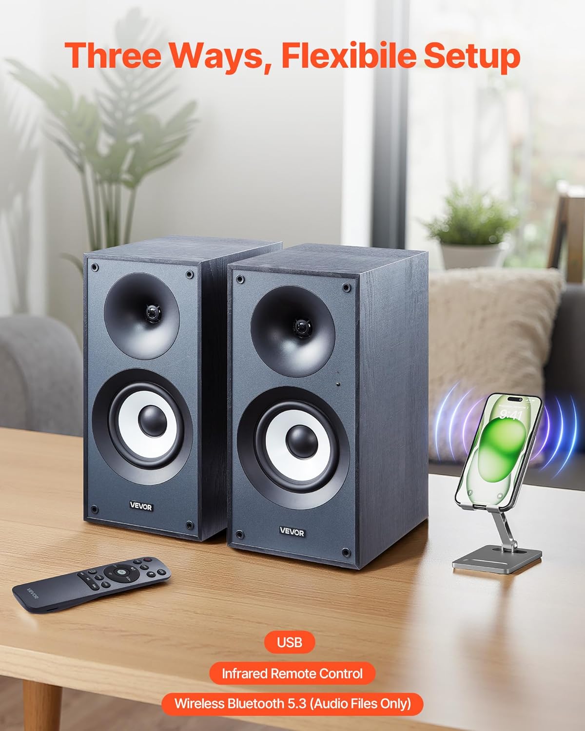 VEVOR Powered Bookshelf Speakers, 25W x 2, Active Studio Monitor Speaker with 5.5 Inch Woofer, Bluetooth/RCA/Coaxial/Optical/USB/Subwoofer Connection, Wooden Enclosure, for Record Player Turntable PC
