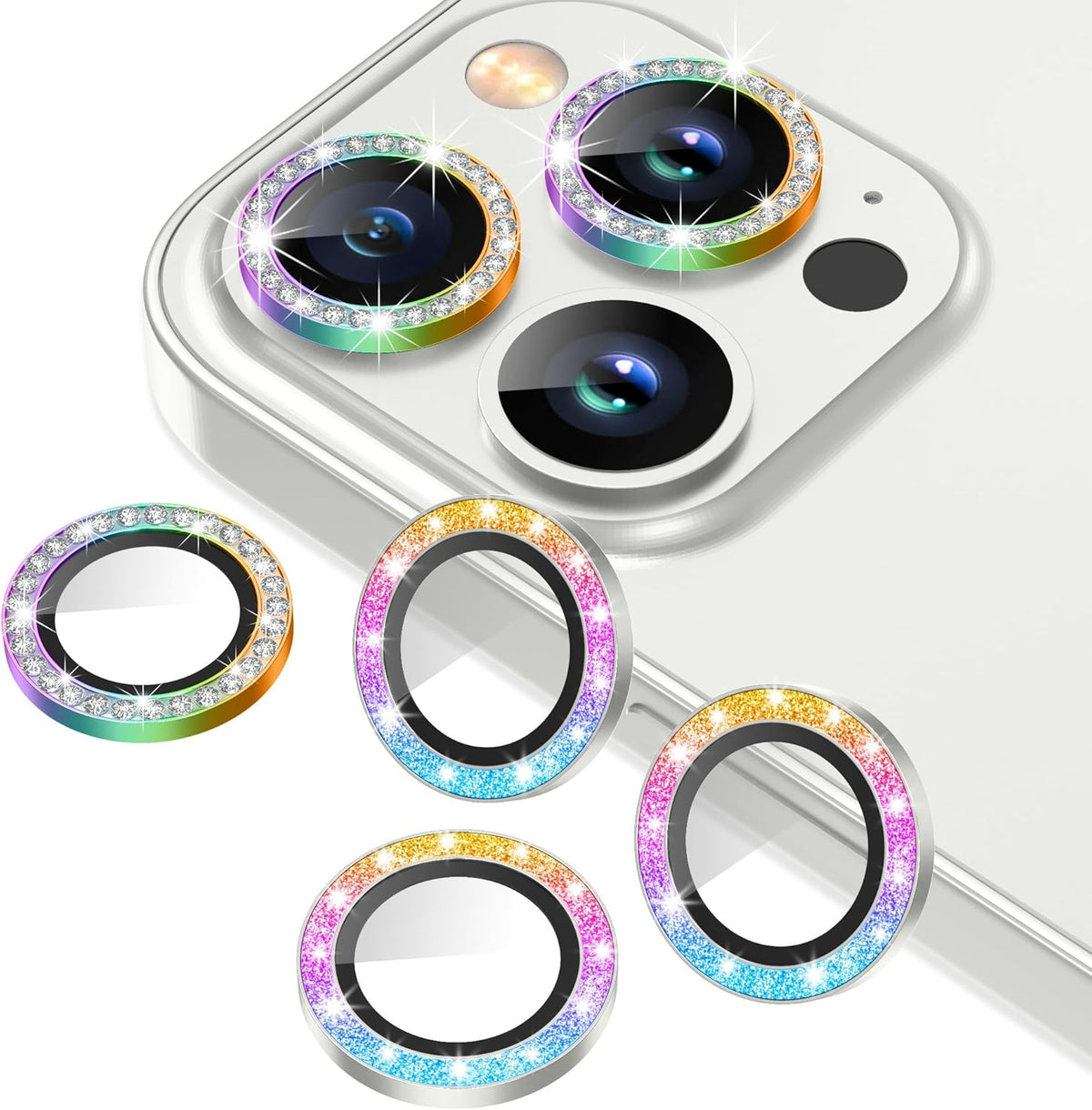 AGVEE 3+3 6 Pack for iPhone 12 Pro Max 6.7" Camera Lens Cover Protector, Bling Diamond & Bling Glitter Metal Ring 9H Tempered HD Glass Camera Cover Protector Film, Bling-Colorful