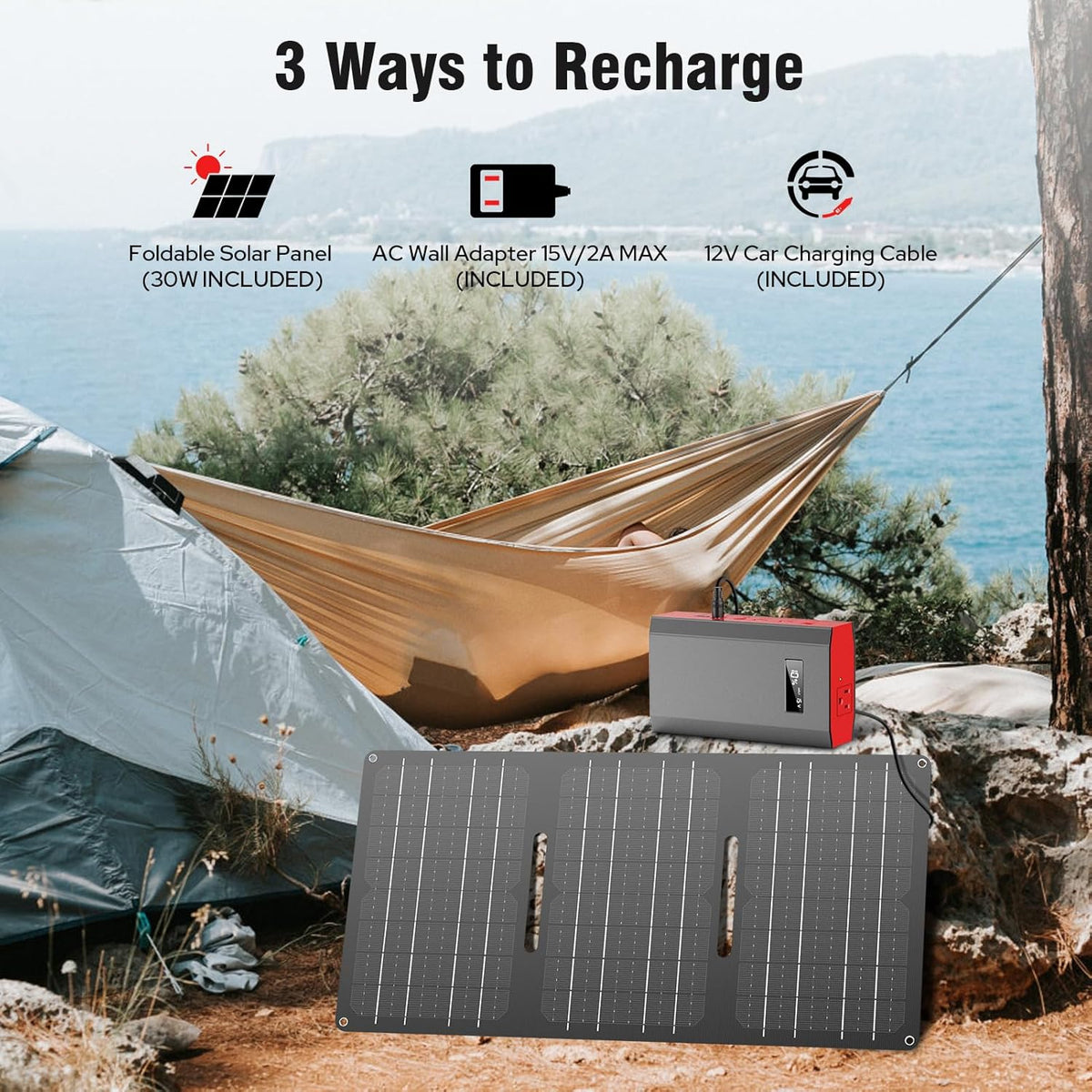 Solar Power Bank with AC Outlet 110V 65W, 100W USB C Power Bank Fast Charging Battery Pack with 30W solar charger Panel Foldable for Laptop Smart Device Outdoor Hilking fishing Power Outage Backup
