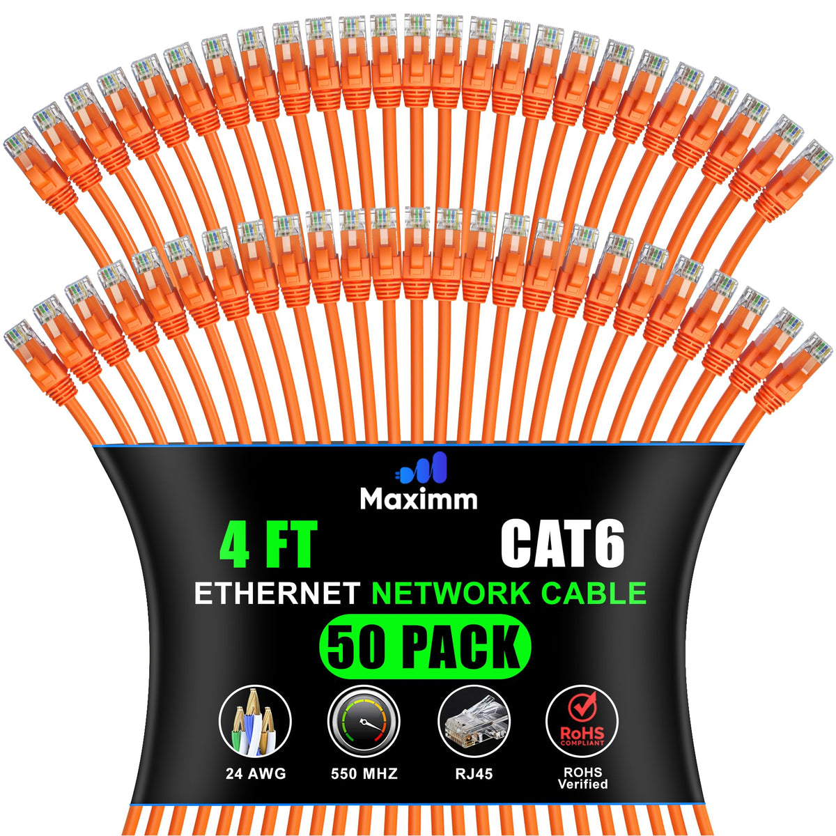 Maximm Cat 6 Ethernet Cable 4 Ft, (50-Pack) Cat6 Cable, LAN Internet and Network - UTP (Orange) 4 Feet