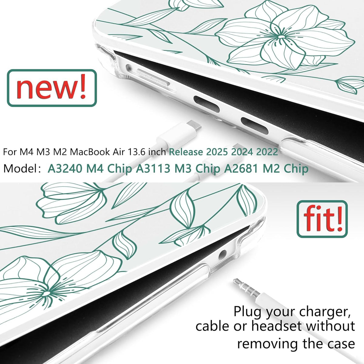 TWOLSKOO Compatible with M4 MacBook Air 13.6 inch Case 2025-2022 Release M4 A3240 M3 A3113 M2 A2681, Plastic Hard Shell & Keyboard Cover & Type C Adapter & Screen Protector, Botanical Line Art