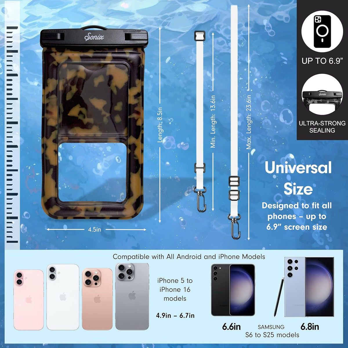 Sonix Waterproof Phone Pouch - Floating Phone Case Dry Bag w/Crossbody Lanyard - Beach Cruise Travel Essentials - Compatible w/All Devices, Touchscreen Friendly | Brown Tort