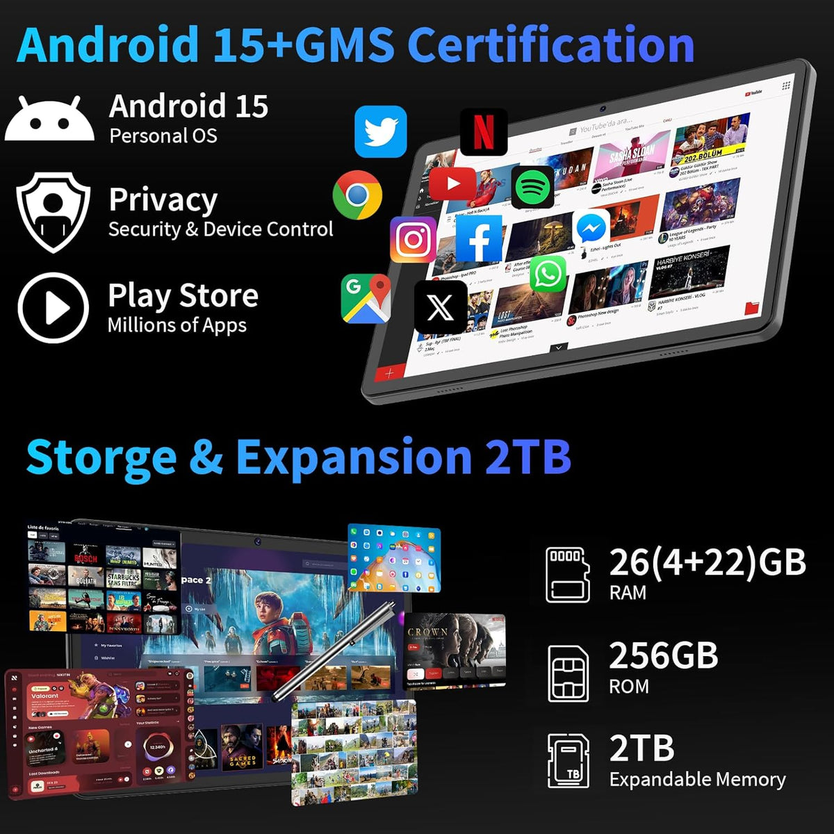 Android 15 Tablet with Keyboard, 26GB+256GB(2TB Expand), 10.1 Inch Tablet 8000 mAh Battery, BT 5.0, 5G WiFi, Widevine L1, Dual Camera, 2 in 1 Tab with Mouse, Case, Stylus(Black)