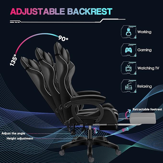 Big and Tall Gaming Chair with Footrest Ergonomic Massage Office Chairs LED Video Game Chair with Speakers Comfortable Headrest Lumbar Support High Back Desk Chair PU Leather for AdultsPink