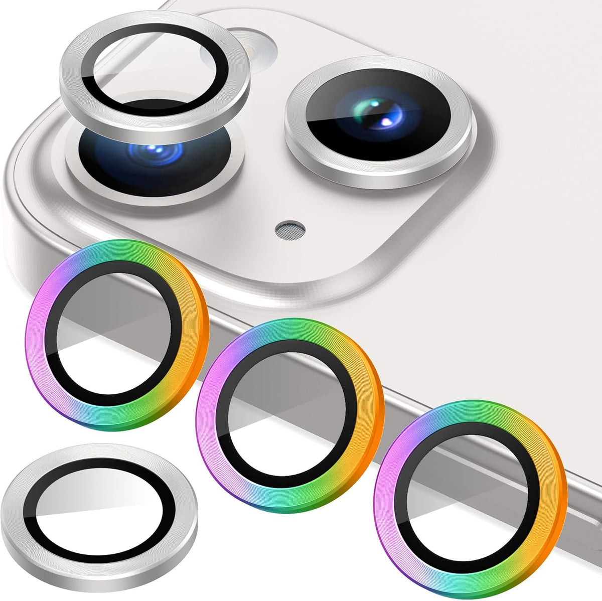 AGVEE 3+3 6 Pack for iPhone 14 6.1" / 14 Plus 6.7" Camera Lens Cover Protector, Metal Ring 9H Tempered HD Glass Camera Cover Protector Film, Silver