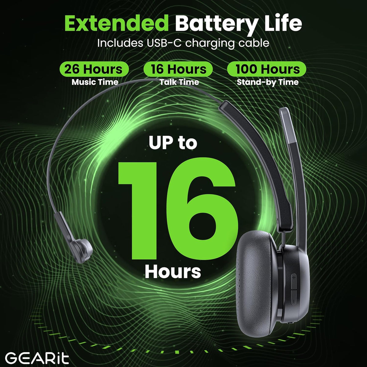 GEARit Wireless Bluetooth Headset with Mic - Multipoint Dual Connect, Noise Cancelling Trucker Headset for Phone Calls - All-Day Talk Time - Headphone with Microphone & Mute Button for Office Work