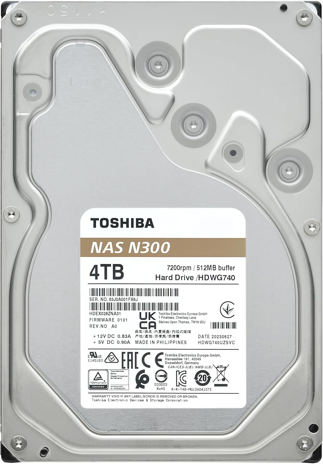 Toshiba N300 4TB NAS 3.5-Inch Internal Hard Drive - CMR SATA 6 GB/s 7200 RPM 512 MB Cache - HDWG740XZSTC