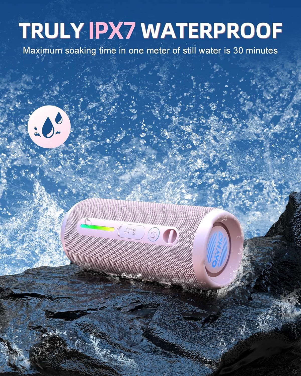 OHAYO Portable Bluetooth Speaker, IPX7 Waterproof Wireless Speaker with 24W Stereo Sound, Active Extra Bass, Bluetooth 5.3, RGB Lights, Up to 30H Playtime for Home, Outdoor, Party, Travel