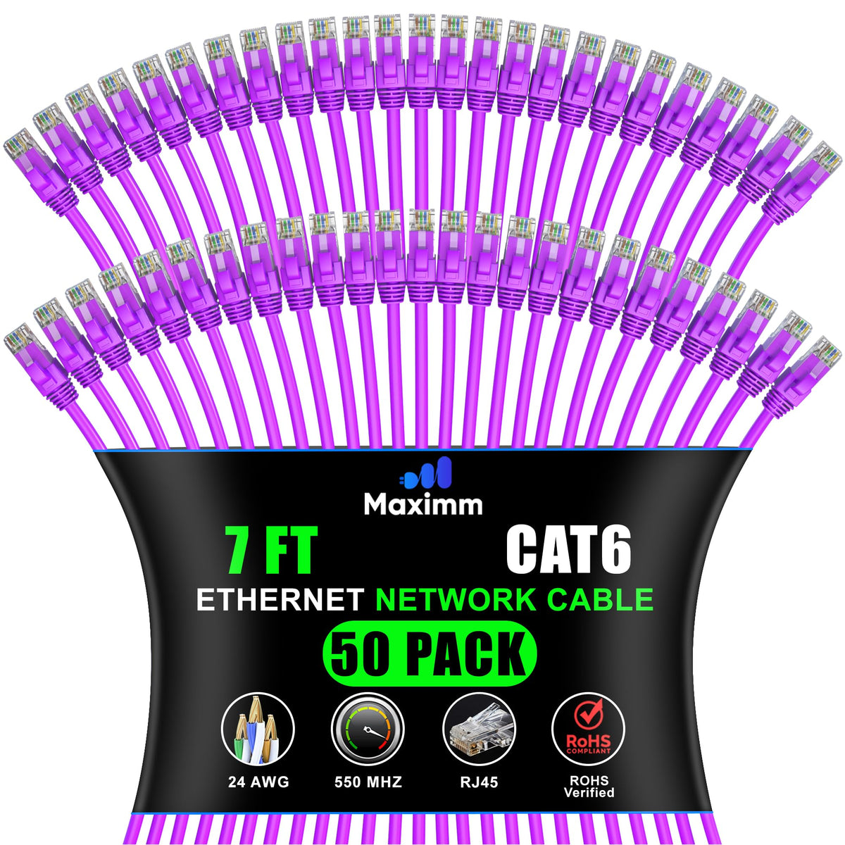 Maximm Cat 6 Ethernet Cable 7 Ft, (50-Pack) Cat6 Cable, LAN Internet and Network - UTP (Purple) 7 Feet