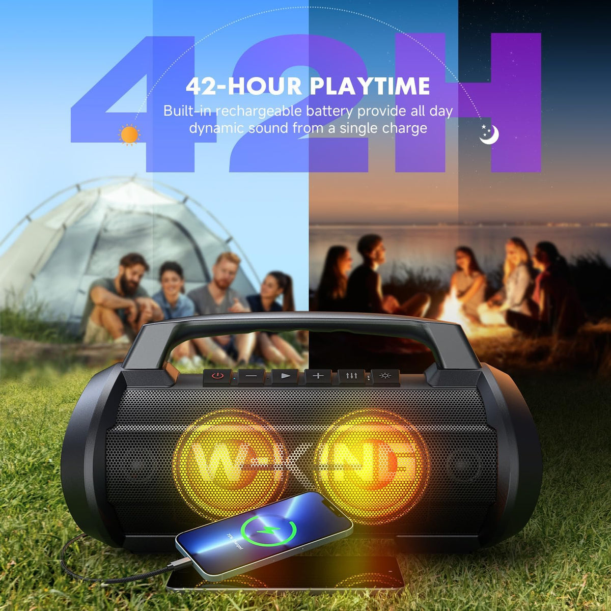 W-KING Portable Speakers Bluetooth Wireless, 120W Max Loudest Bluetooth Speaker, IPX6 Waterproof Outdoor Speaker with 70W Deep Bass/2*Subwoofer/DSP/EQ/42H/LED/MAC-in/Power Bank, Large Party Boombox