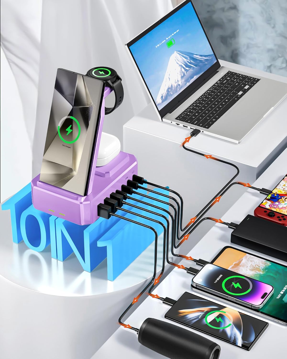 300W Wireless Charger for Samsung,Zutspzss 10 in 1 Wireless Charging Station, 65W USB C Fast Charging Stand for Samsung S25 Ultra/S24/S23/S22/Z Fold,Galaxy Watch Ultra7/6/5,Galaxy Buds,Purple