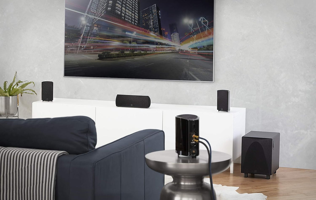 Definitive Technology ProCinema 6D - Compact 5.1 Channel Home Theater Speaker System | 250-Watt Powered Subwoofer Center Channel + 4 Speakers | Sleek Modern Looks Match Any Décor Black