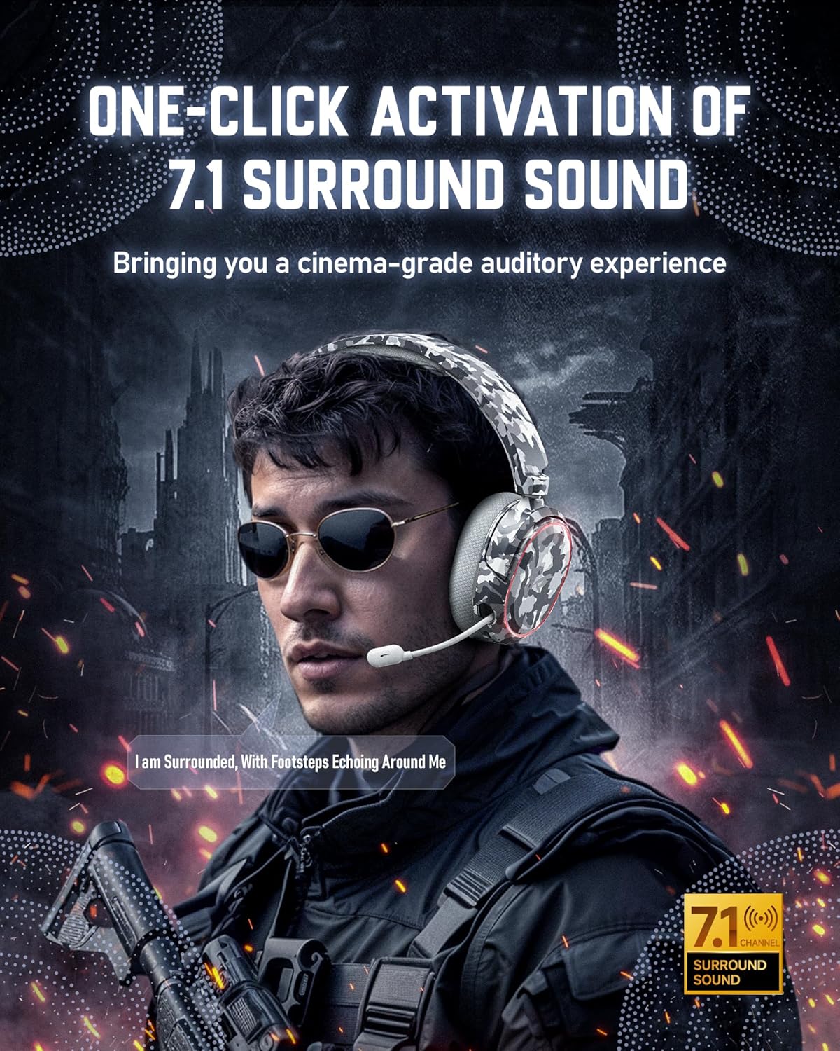 Wireless Gaming Headset, 7.1 Surround Sound, 2.4GHz USB Gaming Headphones with Bluetooth 5.4, 100H Battery, ENC Noise Canceling Mic, RGB Light, Wireless Headset for PC PS5 PS4 Mac Switch (Camo)