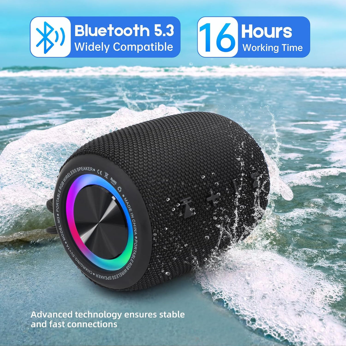 Portable Bluetooth Speaker, BT5.3 Wireless Speaker 20W Bass Diaphragms with Multi LED Light Dynamic Modes, IPX6 Waterproof 16H Playtime supports FM Mode, TF, USB for Home, Cycling, Outdoor, Beach
