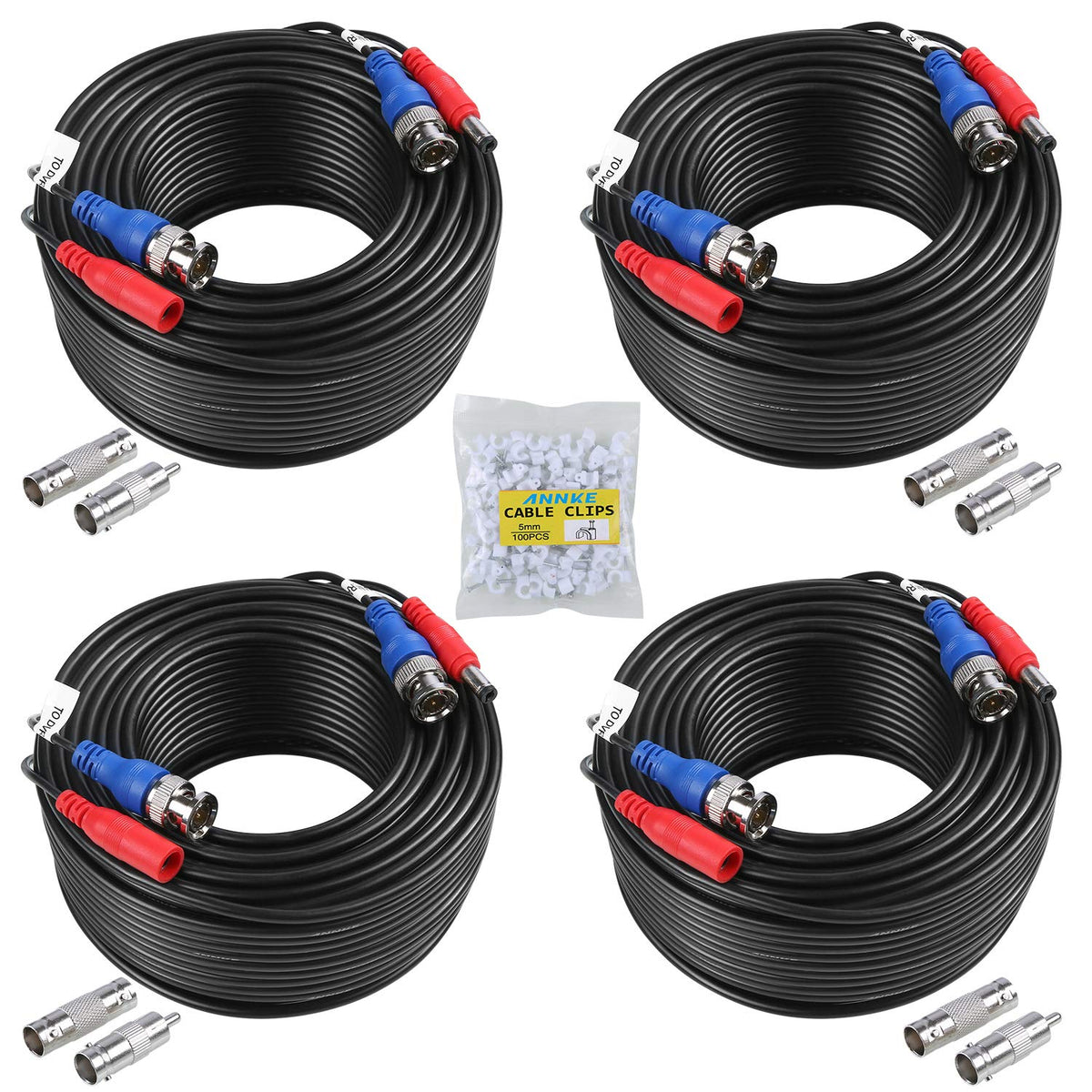 SANNCE 4-Pack 100ft BNC Video and Power Security Camera Cable with BNC Connectors and RCA Adapters for CCTV Camera System 100pcs Cable Clips (Black)