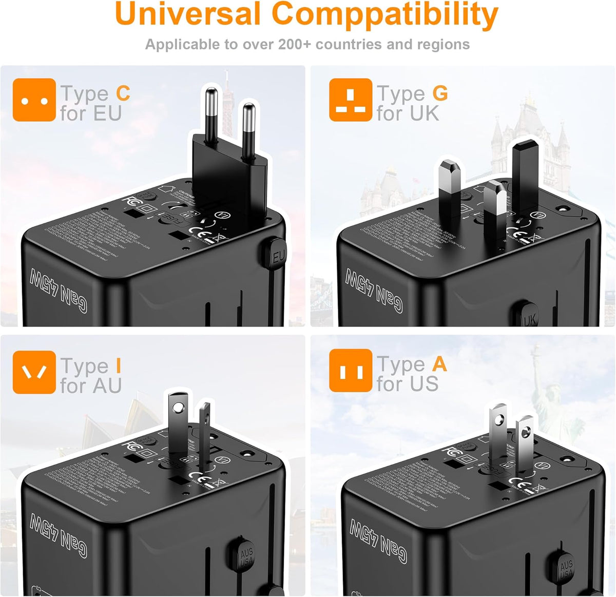 Universal Travel Adapter, VYLEE 45W International Plug Adapter with PD Fast Charging, 5-Port (1 AC/1 USB-A/3 USB-C), Wall Charger Worldwide Travel Essentials Plug for USA EU UK AUS Japan (Black)