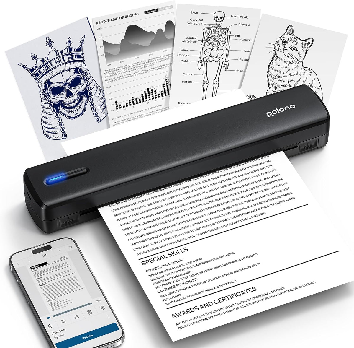 POLONO Portable Printer, D810 Inkless Bluetooth Thermal Printer Wireless for Travel, Compatible with iOS, Android, Laptop, Supports 8.5"x11" US Letter for Office, Car, Home, Black, 1 Pack
