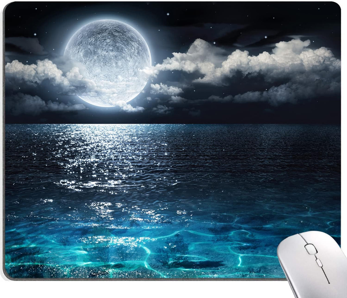 Mouse Pad, Ocean and Moon Mouse Pad, Square Waterproof Mouse Pad Non-Slip Rubber Base MousePads for Office Laptop, 9.5"x7.9"x0.12" Inch(Ocean and Moon)
