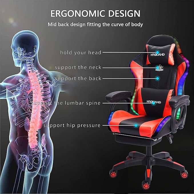 TBQATNTS Ergonomic Gaming Chair with Massage and Speaker Gaming Chair with Footrest Headrest and Lumbar Support Racing Chair with RGB Lights Gaming Chair for KidsGaming Chair for Adults.Red