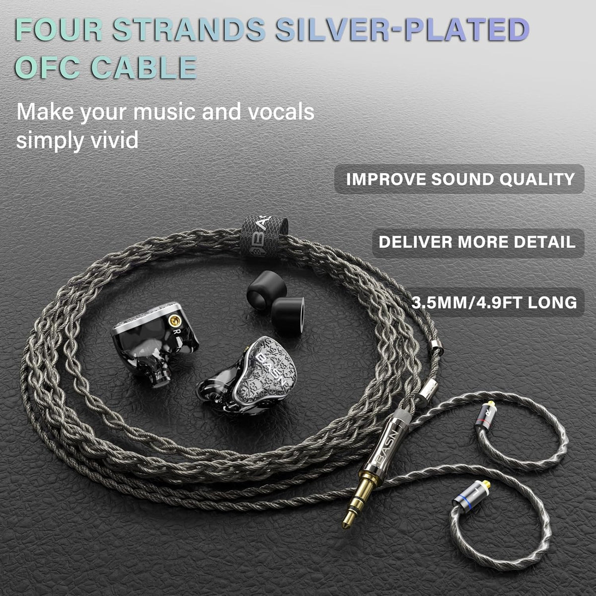 BASN Bmaster5 in Ear Monitors, 5 Drivers Drummer Headphones with Powerful Bass, Noise Isolation IEM Earbuds with Detachable MMCX Sliver-Plated OFC Cable for Musicians (Midnight Black, MMCX)
