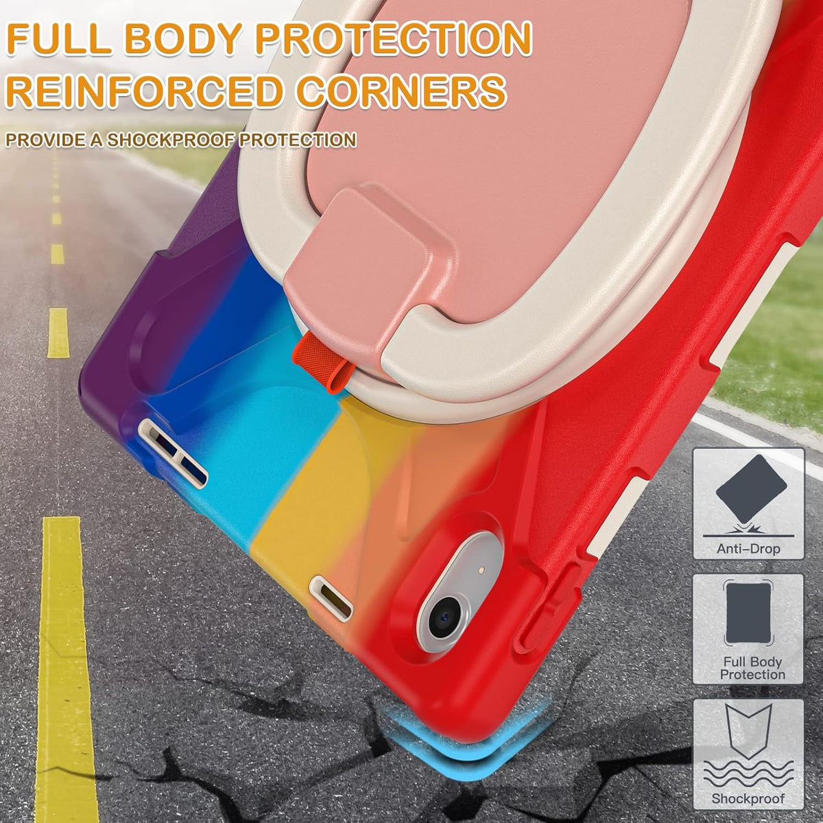BRAECN Case for iPad (A16) 11th/10th Generation 11”/10.9'' 2025/2022-Heavy Duty Silicone Cover with Pencil Holder/Swivel Ring Stand/Screen Protector/Handle Grip/Kickstand/Shoulder Strap, Colorful Red