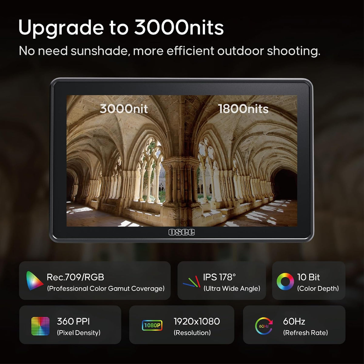 Osee G7 Pro 7 Inch Touchscreen Camera Monitor, 3000Nits HDR Field Monitor with Camera Control, Touch to Focus DSLR Monitor with 3G-SDI 4K HDMI in/Out, 3D-LUT New UI Flexible Power Supply