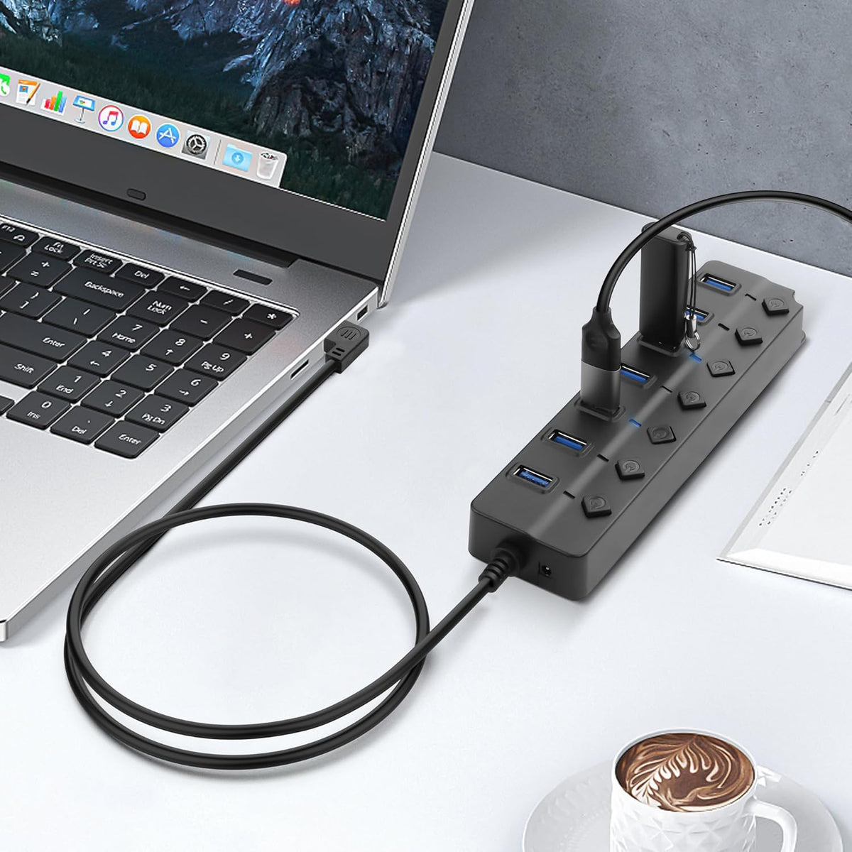 90 Degree USB Hub Splitter YACSEJAO USB 2.0 Data Hub with Individual LED Button On/Off Switch DC5.5 * 2.1 Power Port for Laptop,PC Computer (7 Ports, 1M)
