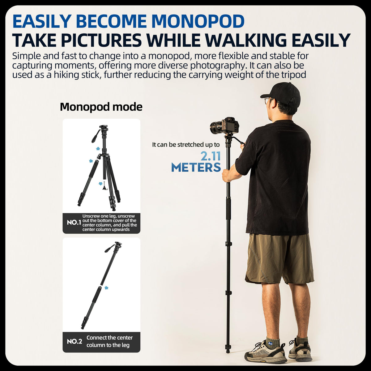 Fotopro 73'' Camera Tripod, Foldable Aluminum Tripod/Monopod, Detachable Fluid Head with Quick Release Plate, Lightweight Tripod for Camera, Phone