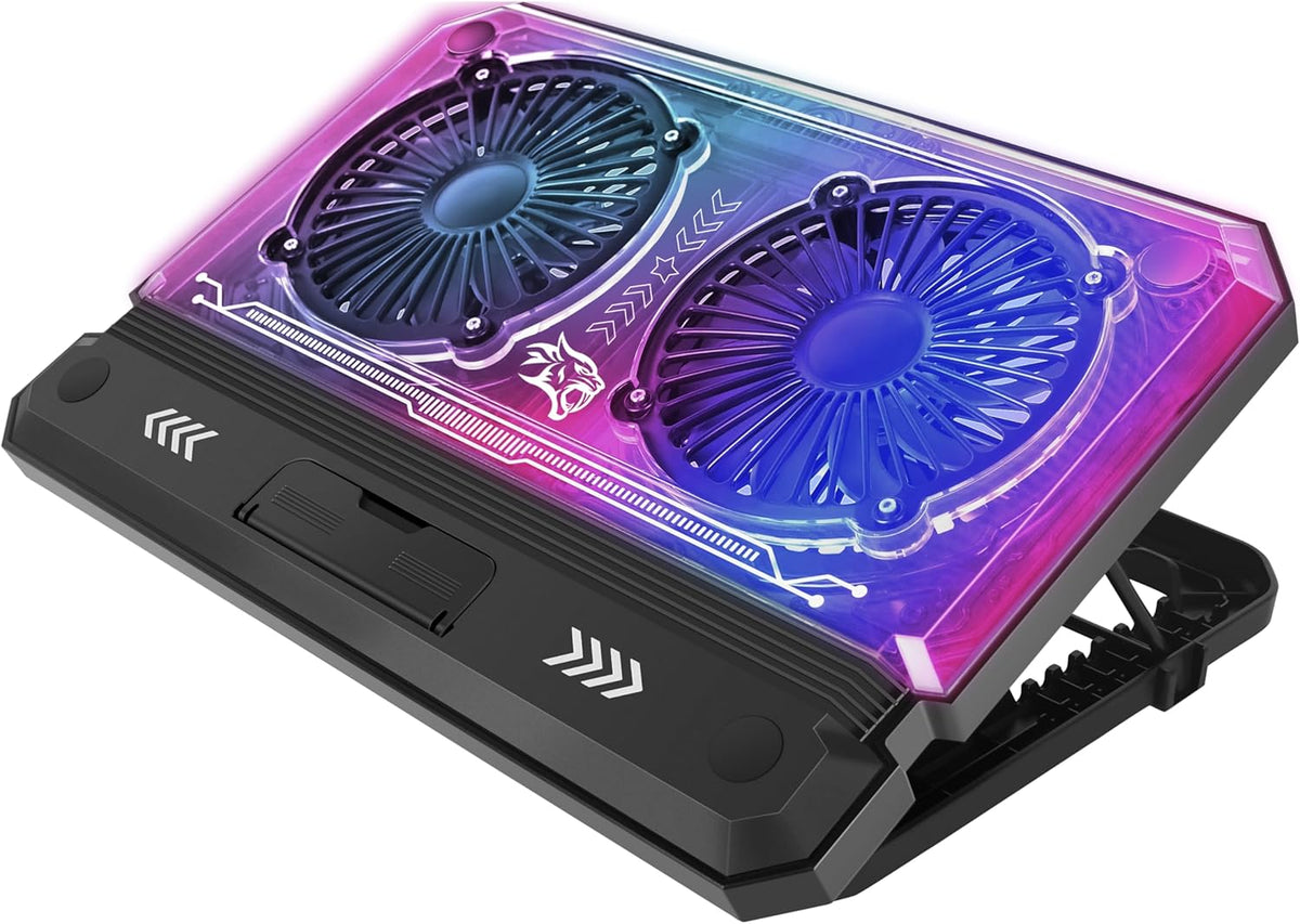 Gaming Crystal Shell Laptop Cooling Pad with Phone Holder, Dual High-Speed Fans, 8-Level Adjustable Height, RGB Lighting, Anti-Slip Base, USB-A & USB-C Ports – Black (for 10-17” Laptops)