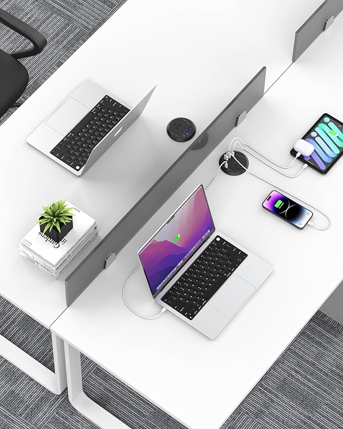 Jgstkcity 65W USB-C Hidden Desktop Power Grommet: 1 AC Outlet,8 USB Charging Ports,3'' Hole Flush Mount Pop-Up Power for Conference Tables & Nightstands (Black, 6 FT - 2PCS)