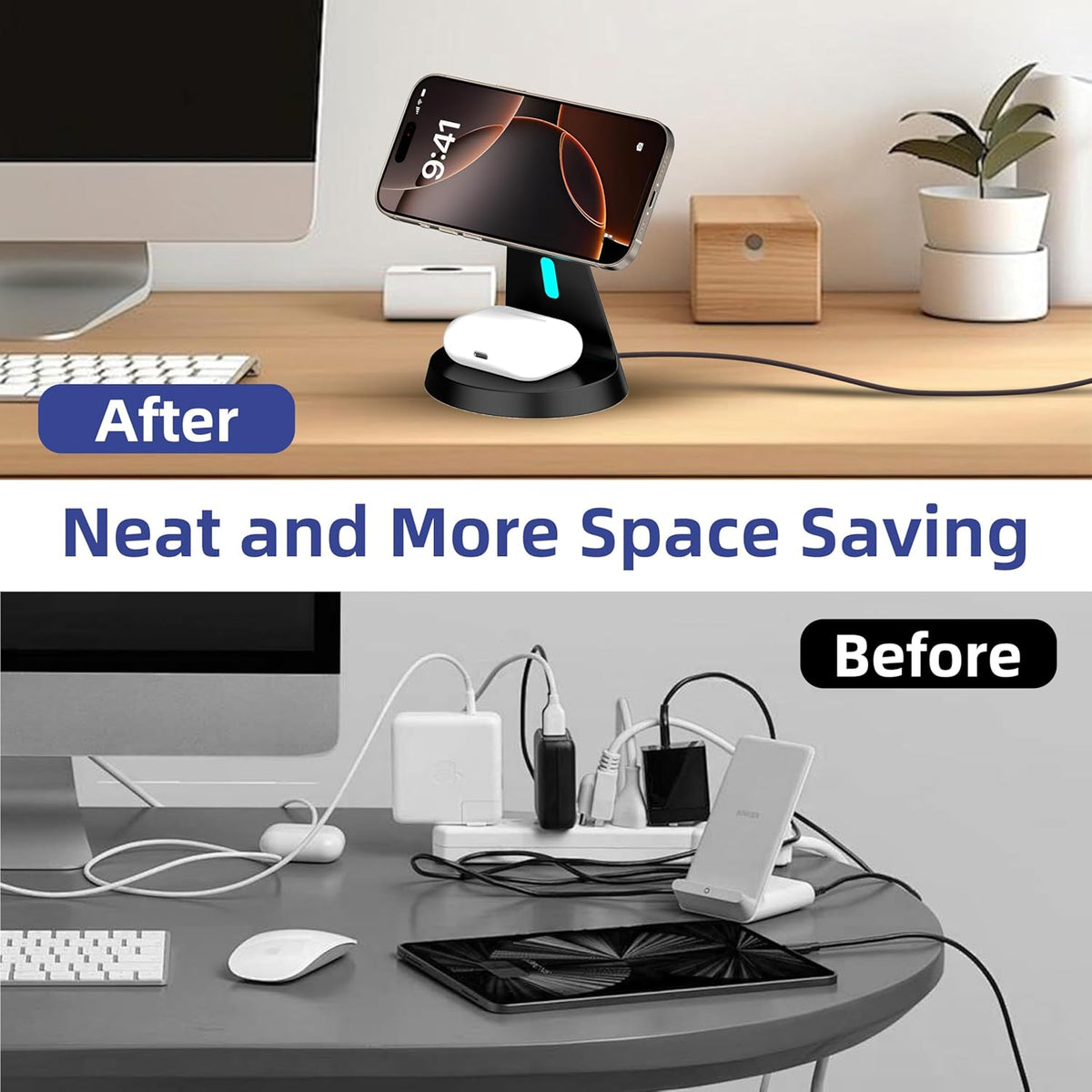 2025 New Magnetic Wireless Charger for Samsung & Apple Devices, 3 in 1 Charging Station Magnetic Charger Stand simultaneously Compatible with Samsung and Apple Series.