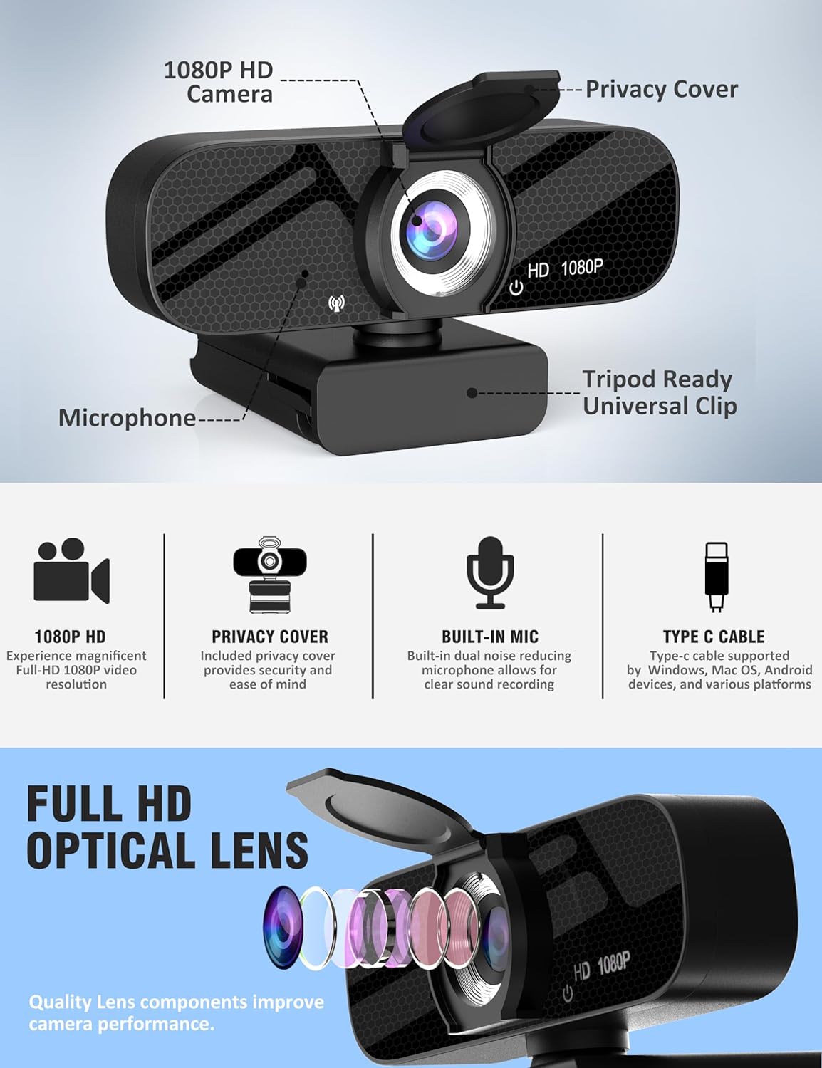 GOZVRPU 1080P Streaming-Black-1 HD Webcam with Built-in Microphone, Rotatable Tripod, Wide-Angle Lens,Privacy Cover