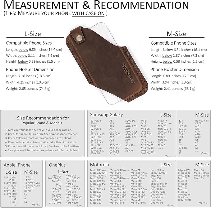 TobbinGear Leather Cell Phone Holster with Belt Clip, Leather Belt Pouch, Universal Phone Case on Belt for Men, Phone Holder for Smartphone, Left Handed, Dark Brown, Large