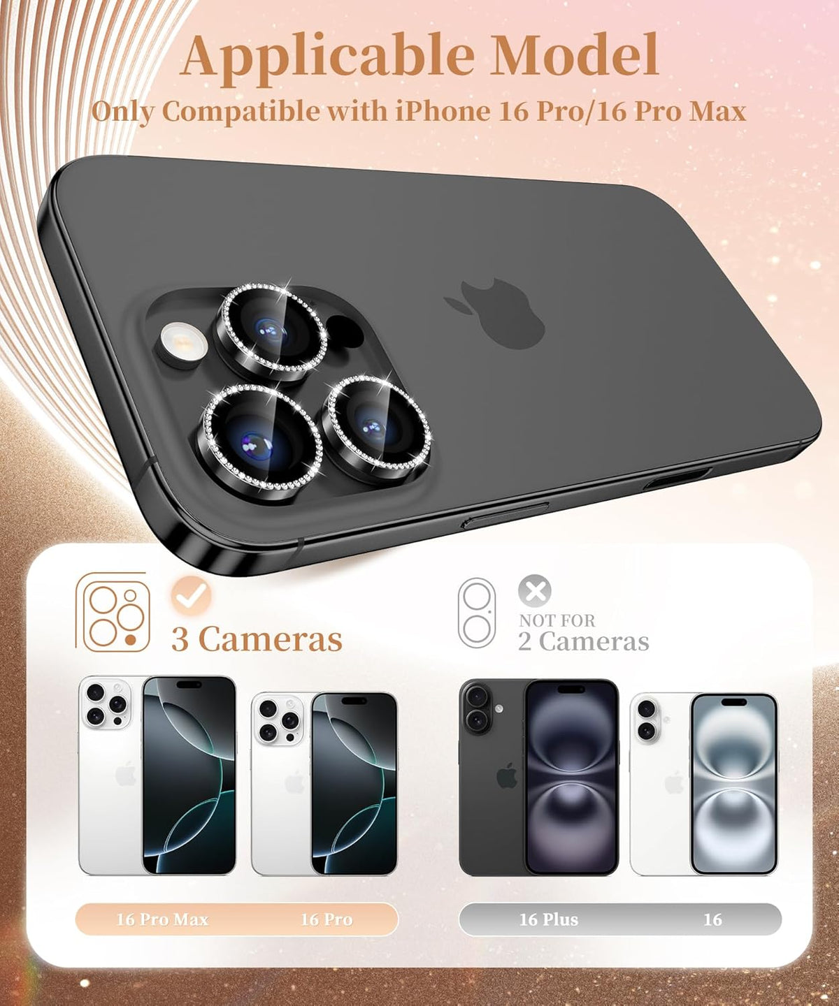 GolbinBox Camera Lens Protector for iPhone 16 Pro Max/16 Pro, 1:1 Invisible Fit, 9H Tempered Glass Ultra HD Metal Individual Camera Cover Screen Protectors for Women, Case Friendly, Bling/Black