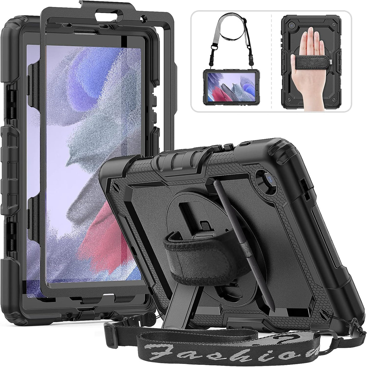 HXCASEAC Case for Samsung Galaxy Tab A7 Lite, Protective with Screen Protector/Hand Strap/Pen Holder, Sturdy A7 Lite Tablet Case, SM-T220 SM-T225 SM-T227, Black