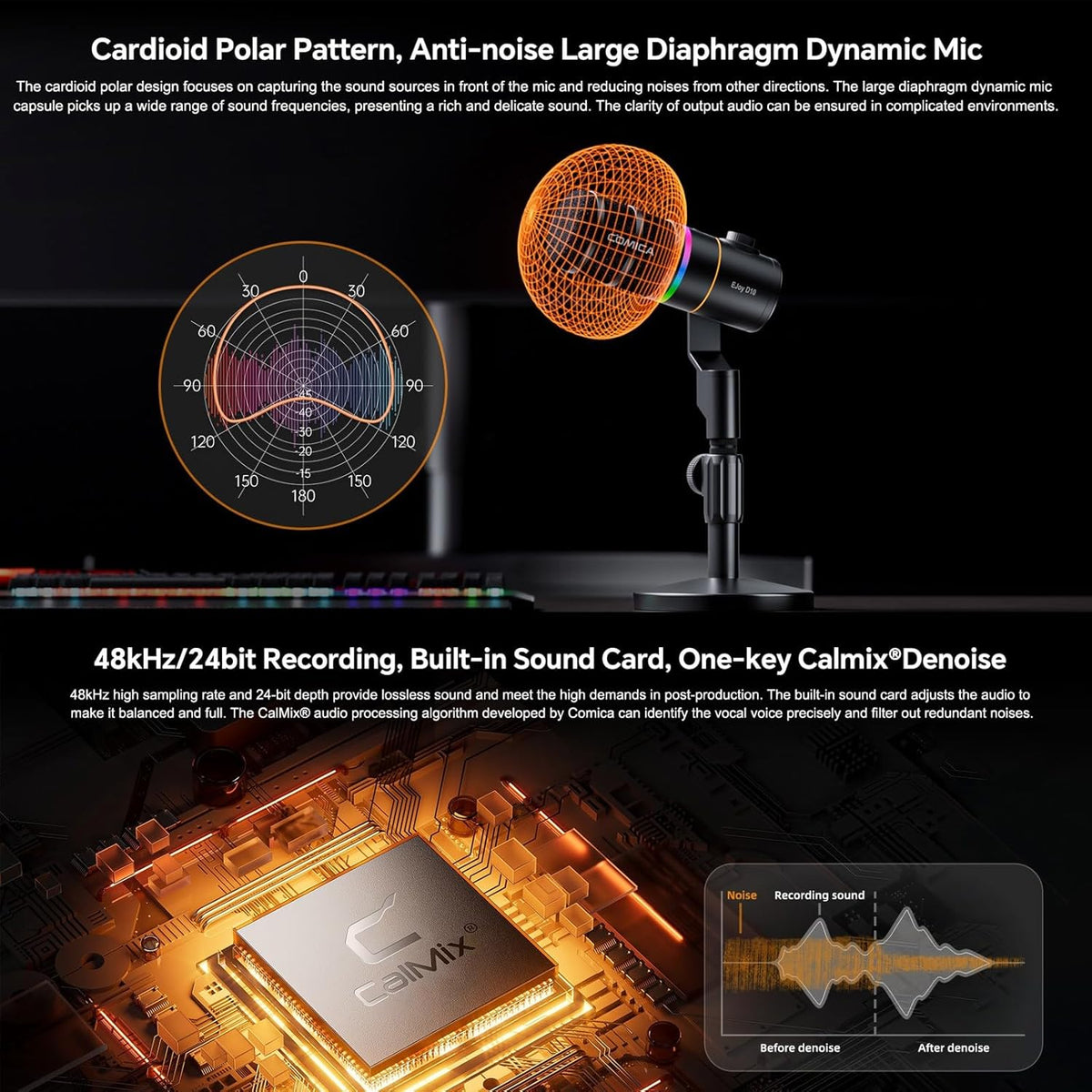 COMICA EJoy D10 A USB/XLR Dynamic Microphone with RGB Light &CalMix Denoise &Mute Button- Studio-Quality Cardioid Mic with Boom Arm Stand for Gaming, Streaming, Podcast,YouTube(PC/PS5/Xbox/Mac-White