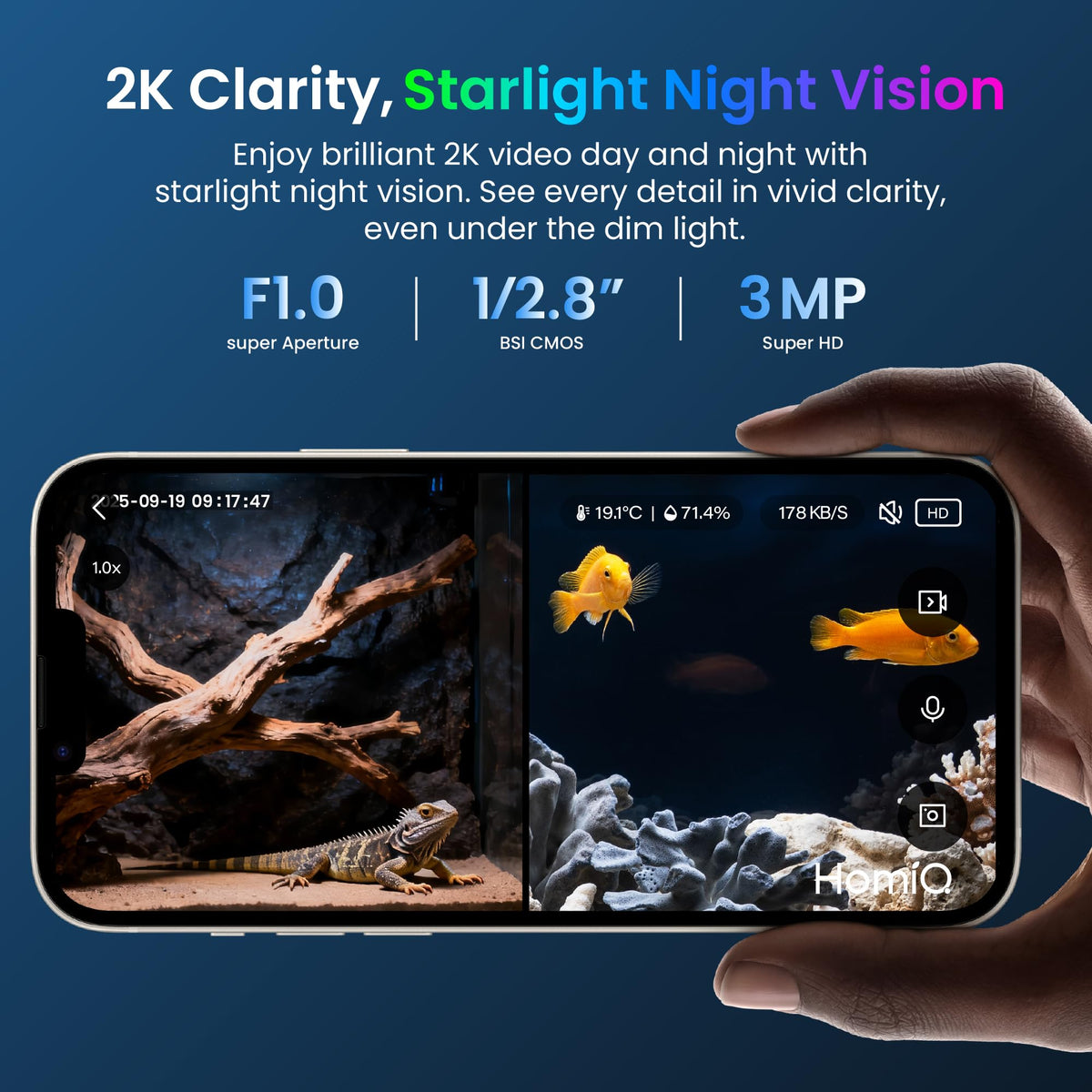 HOMIQ LIFE 3MP 2K Aquarium & Terrarium Pet Camera.Install &Close-Focus Lens for Fish,Lizard, Reptile Pet and Window Bird Feeder,2.4GHz & 5GHz