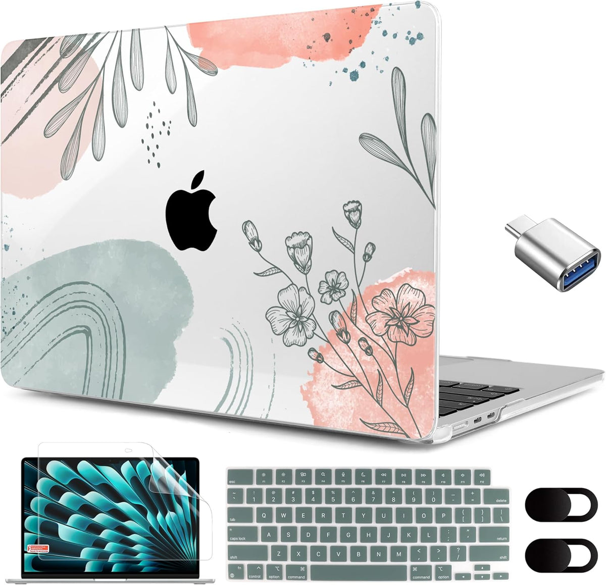 MEEgoodo for M4/M3/M2 MacBook Air 15.3 inch Case 2025 2024 2023, Case Fit Model (A3241/A3114/A2941) for MacBook Air 15 inch, Laptop Hard Shell with Keyboard Cover, Watercolor Floral 3