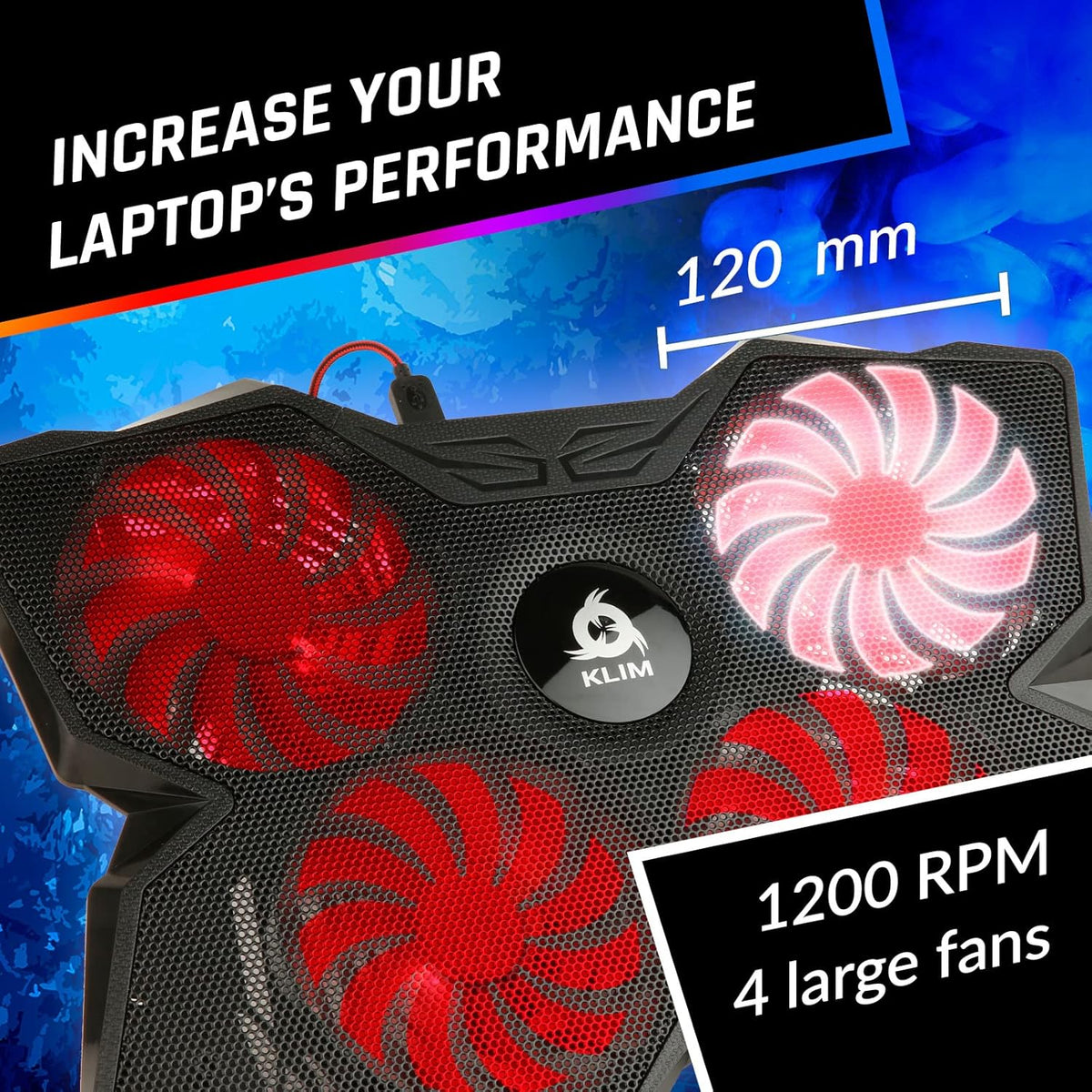 KLIM Wind Laptop Cooling Pad - More Than 500 000 Units Sold - New - The Most Powerful Rapid Action Cooling Fan - Laptop Stand with 4 Fans at 1200 RPM - USB - PS5 PS4 - Red