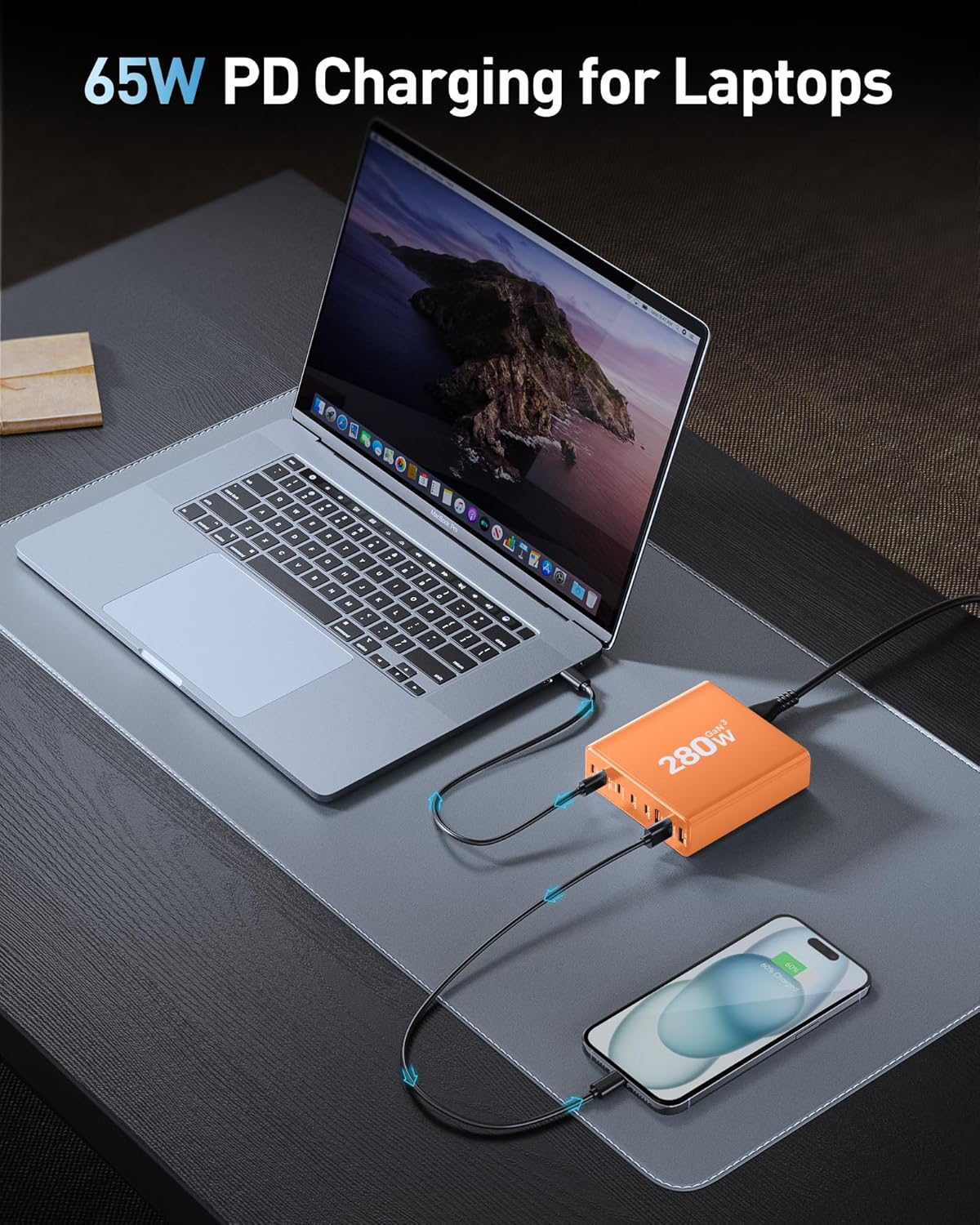 280W USB C Charger Block, 8-Port USB C Charging Station GaN III PD 65W Laptop Charger Adapter Compatible with MacBookPro/Air,DELL,iPad,Portable Charging Station for iPhone,Samsung Galaxy(Orange)