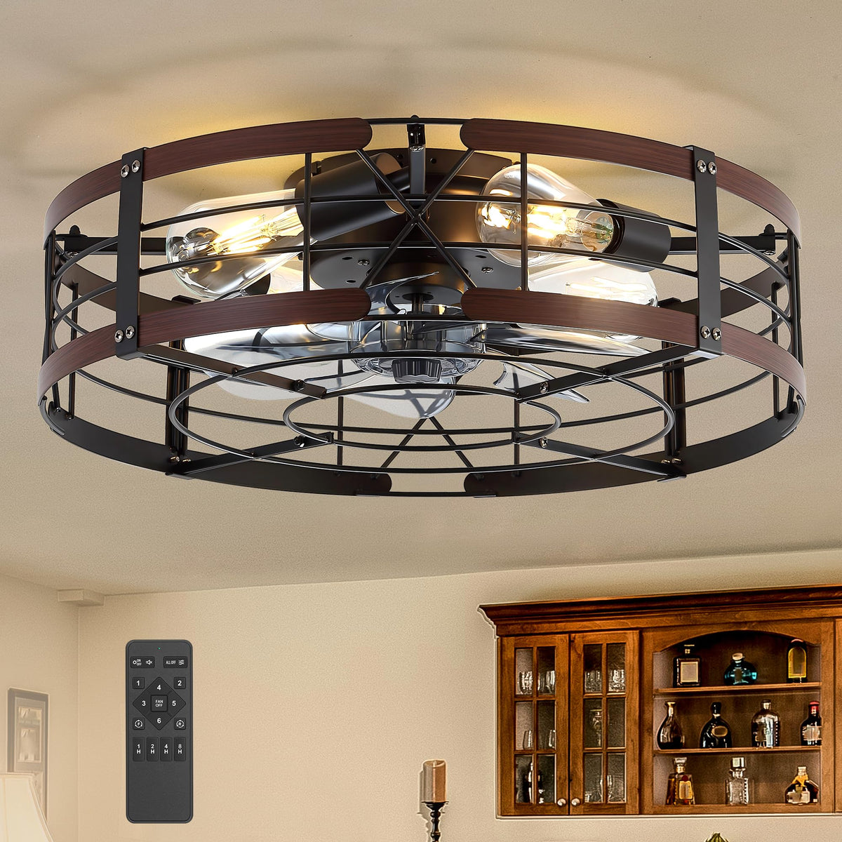 ZYD 20 Caged Ceiling Fan with Light, Farmhouse Cieling Fan with Quiet DC Motor, Rustic Metal Cage with Wood Grain Accent, Ideal