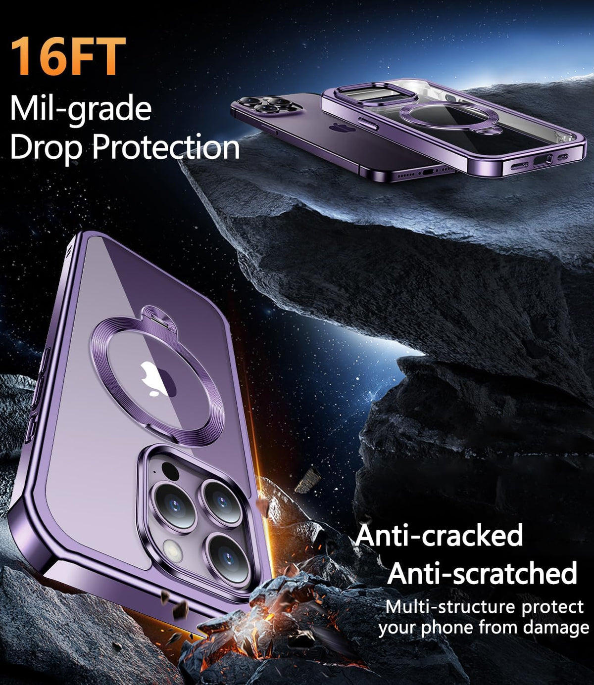 [360° Rotatable CD Stand & Built-in Privacy Screen Magnetic Case for iPhone 14 Pro [Compatible with MagSafe & Full Signal] Mil-Grade Shockproof Full Body Anti-Spy Cover for 14 Pro-Purple