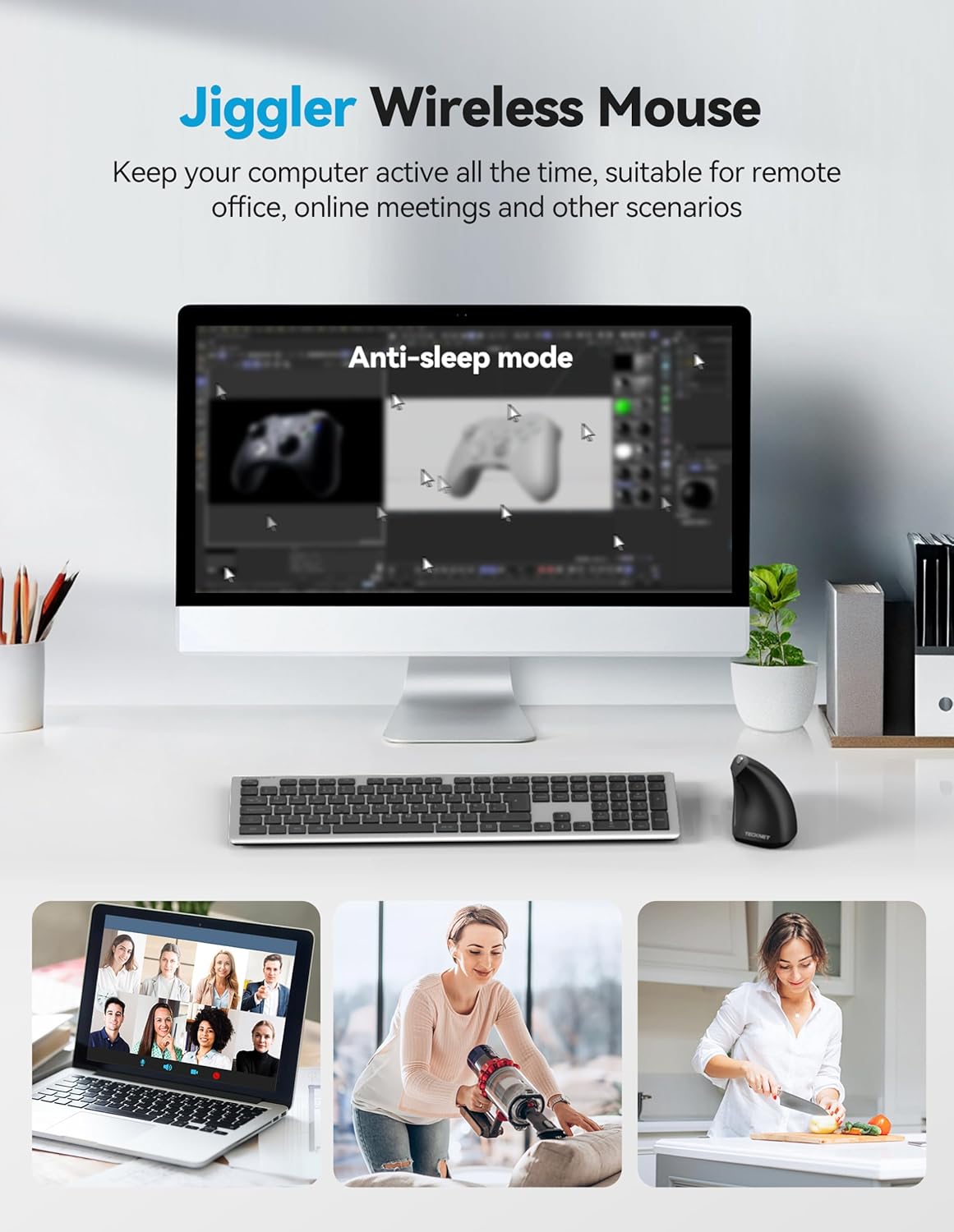 TECKNET Ergonomic Mouse with Jiggler, Bluetooth Wireless Vertical Mouse, 4800DPI Rechargeable Carpal Tunnel Mouse, Undetectable Random Movement Keeps Computers Awake for PC, Laptop