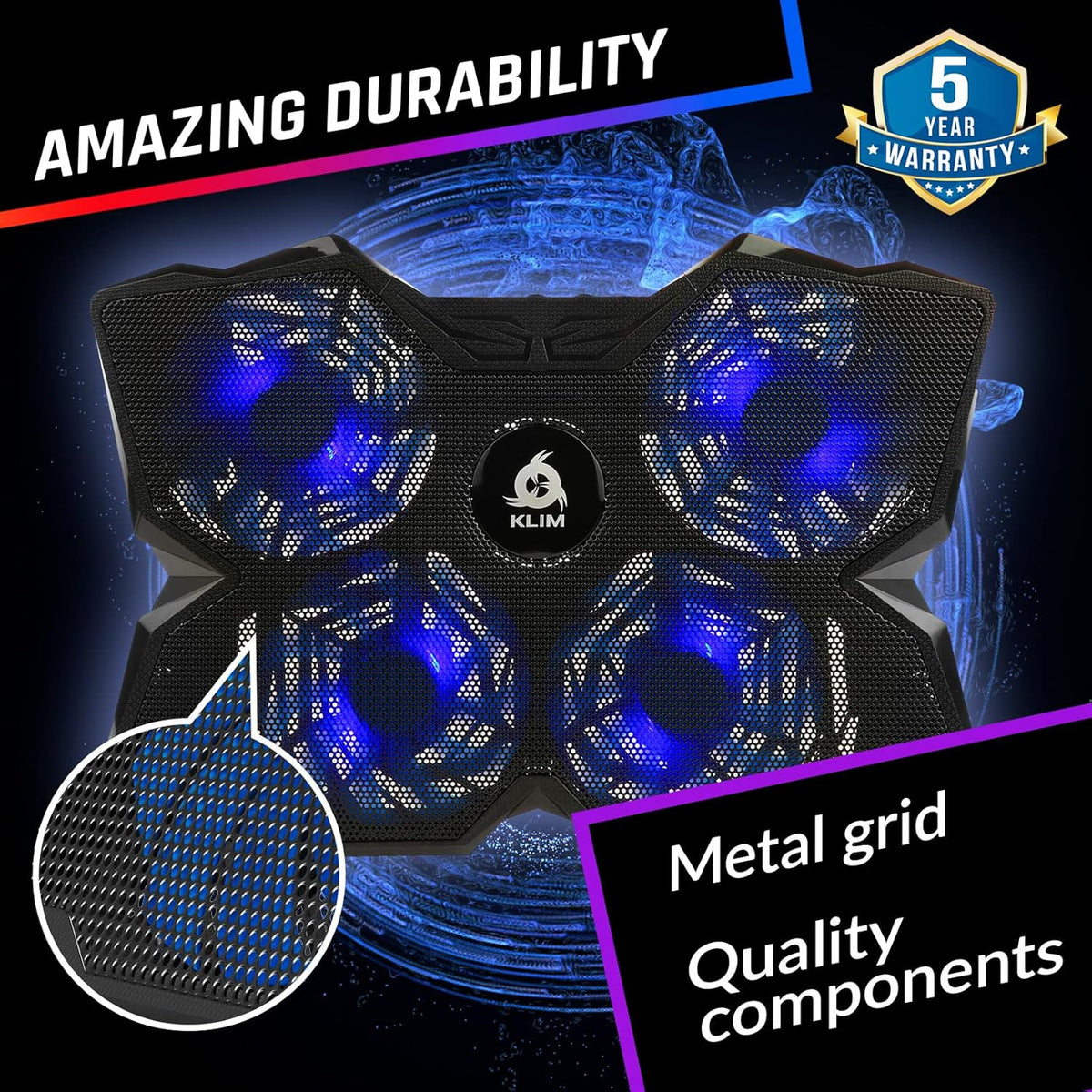 KLIM Wind Laptop Cooling Pad - More Than 500 000 Units Sold - New Version - The Most Powerful Rapid Action Cooling Fan - Laptop Stand with 4 Cooling Fans at 1200 RPM - USB Fan - PS5 PS4 - Blue