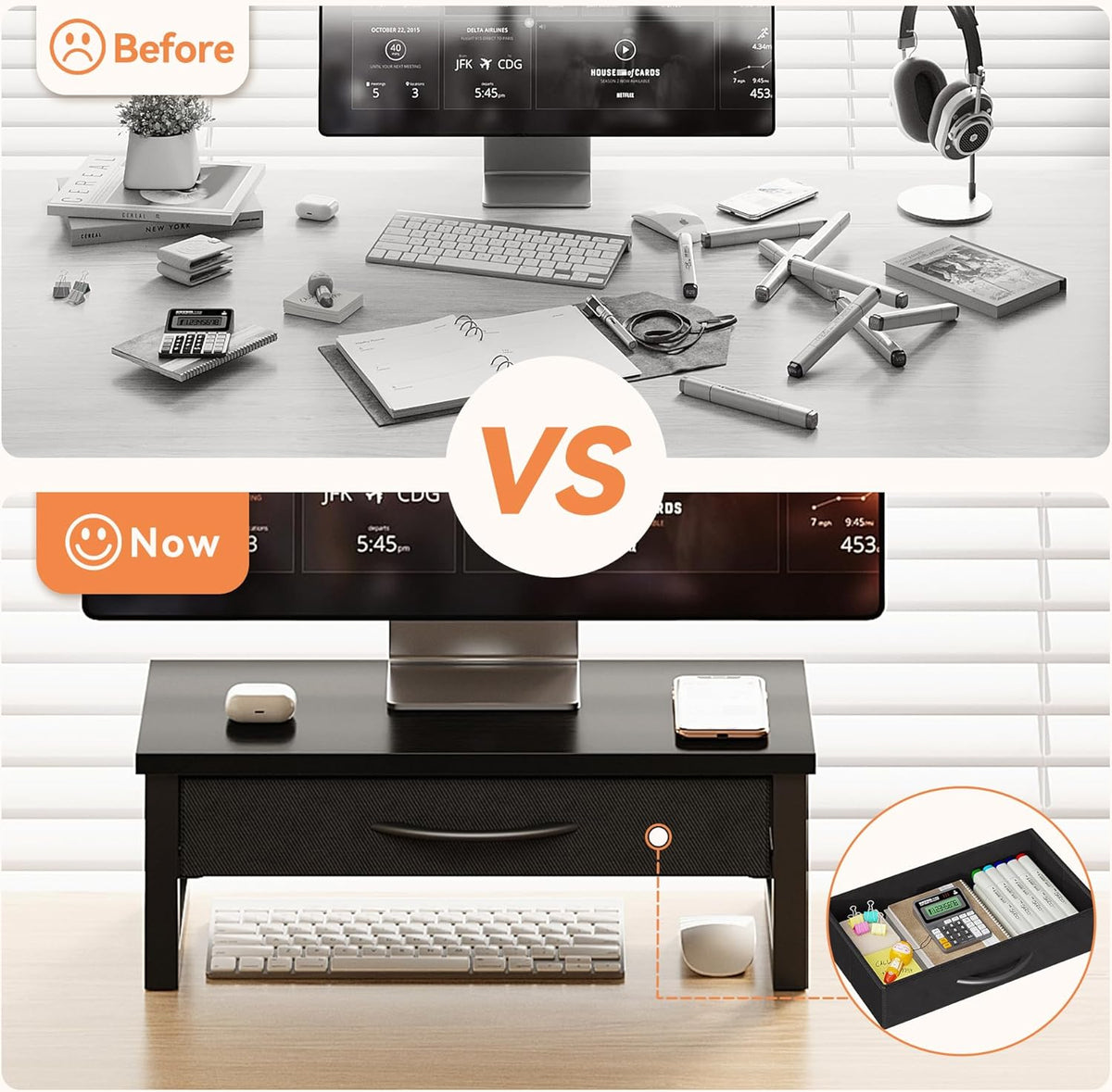 HEWORLIF 2-Tier Computer Monitor Stand Riser, Desk Organizers and Accessories with Drawer, Laptop Stand for Desk