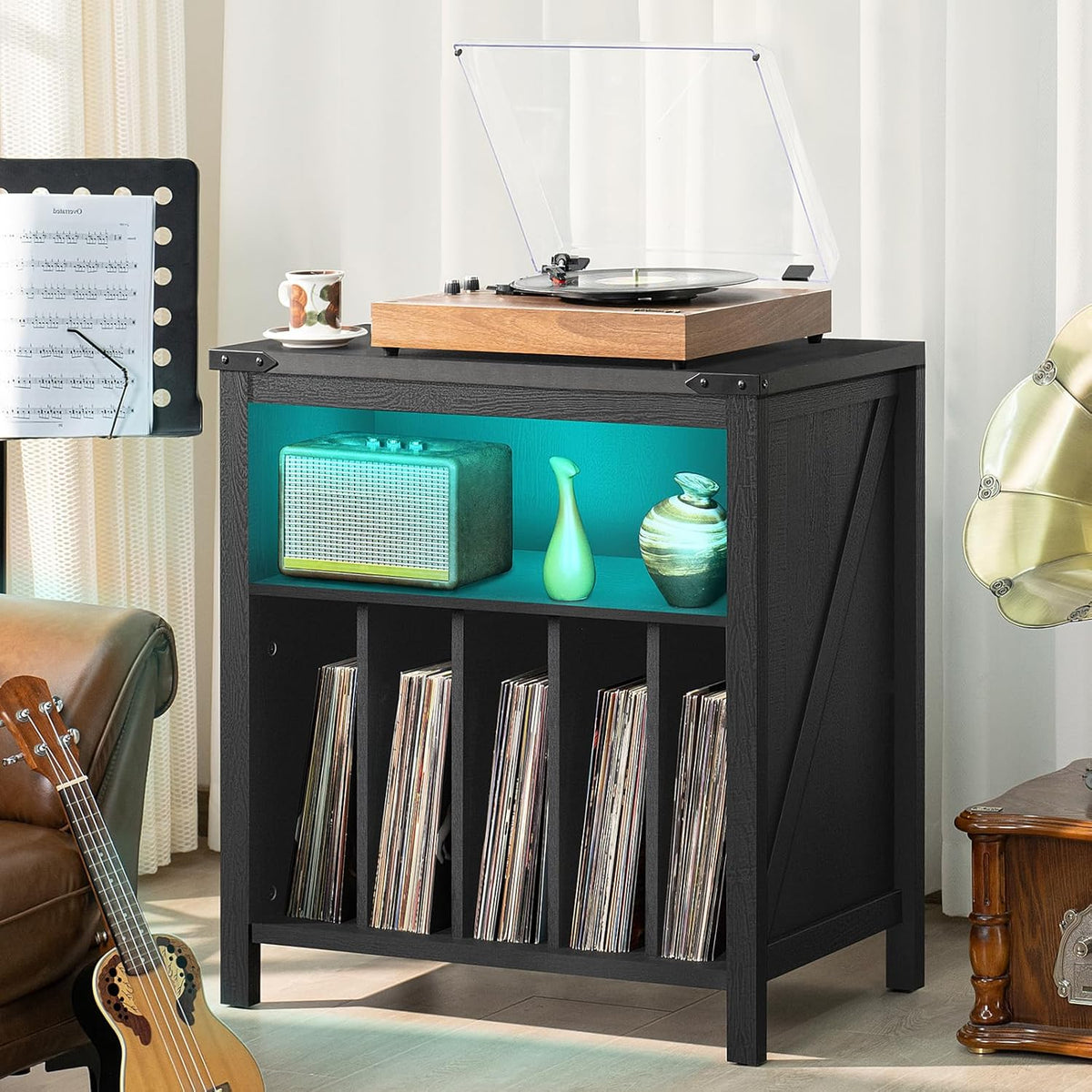Large Record Player Stand with Charging Station & LED Lights, Vinyl Records Storage Holder Cabinet Holds up to 230 Albums, Turntable Stand for Music Room, Bedroom, Living Room, Office (Black)