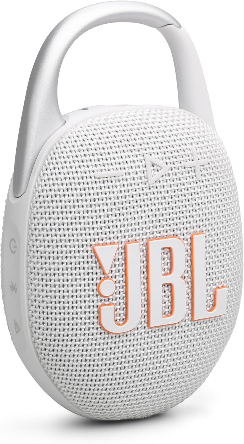 JBL Clip 5 - Ultra-Portable, Waterproof & Dustproof Bluetooth Speaker, Big Pro Sound with Punchy bass, Integrated Carabiner, Up to 12 Hours of Play, Made in Part with Recycled Materials (White)