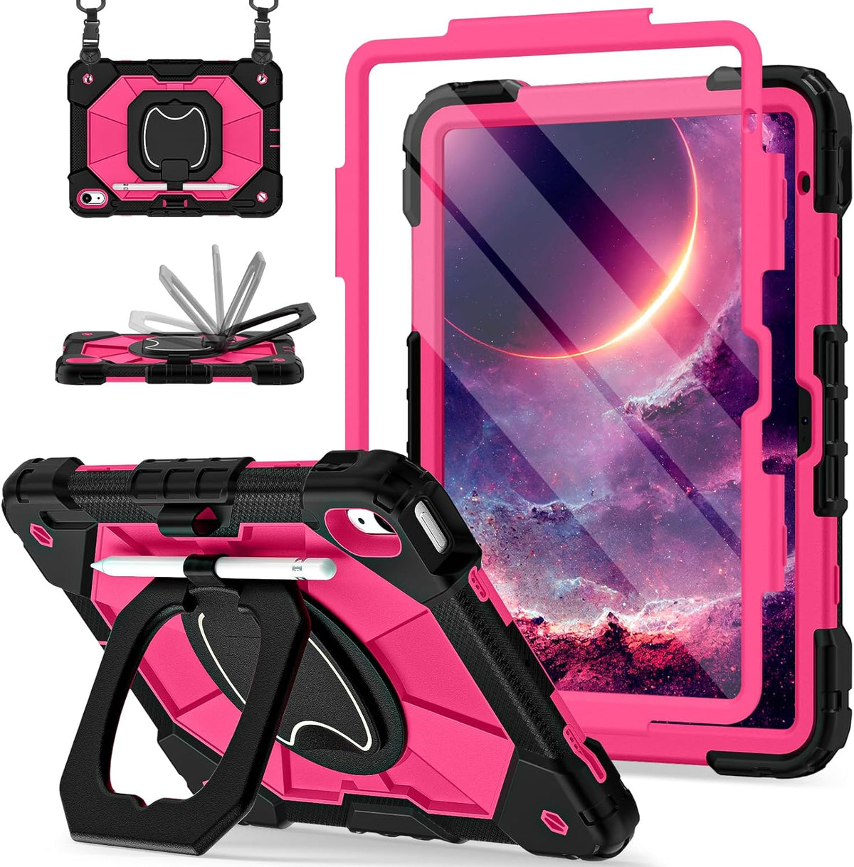 Case for iPad (A16) 11th Generation 11 Inch (2025) / iPad 10th Generation Case 10.9 Inch (2022) with 360° Rotating Stand Screen Protector Pen Holder Shoulder Strap, Black Pink
