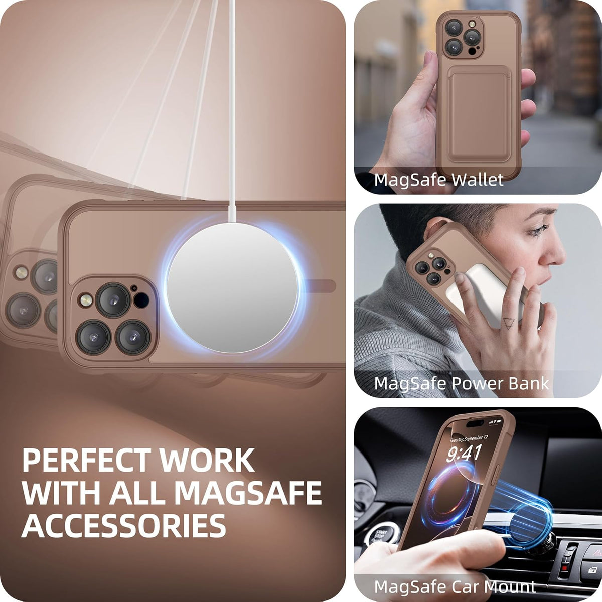BERFY Magnetic for iPhone 16 Pro Max Case, Compatible with MagSafe, [Built-in 9H Tempered Glass Screen Protector & Camera Protection] Full Body Translucent Matte Phone case for 16 Pro Max, Brown